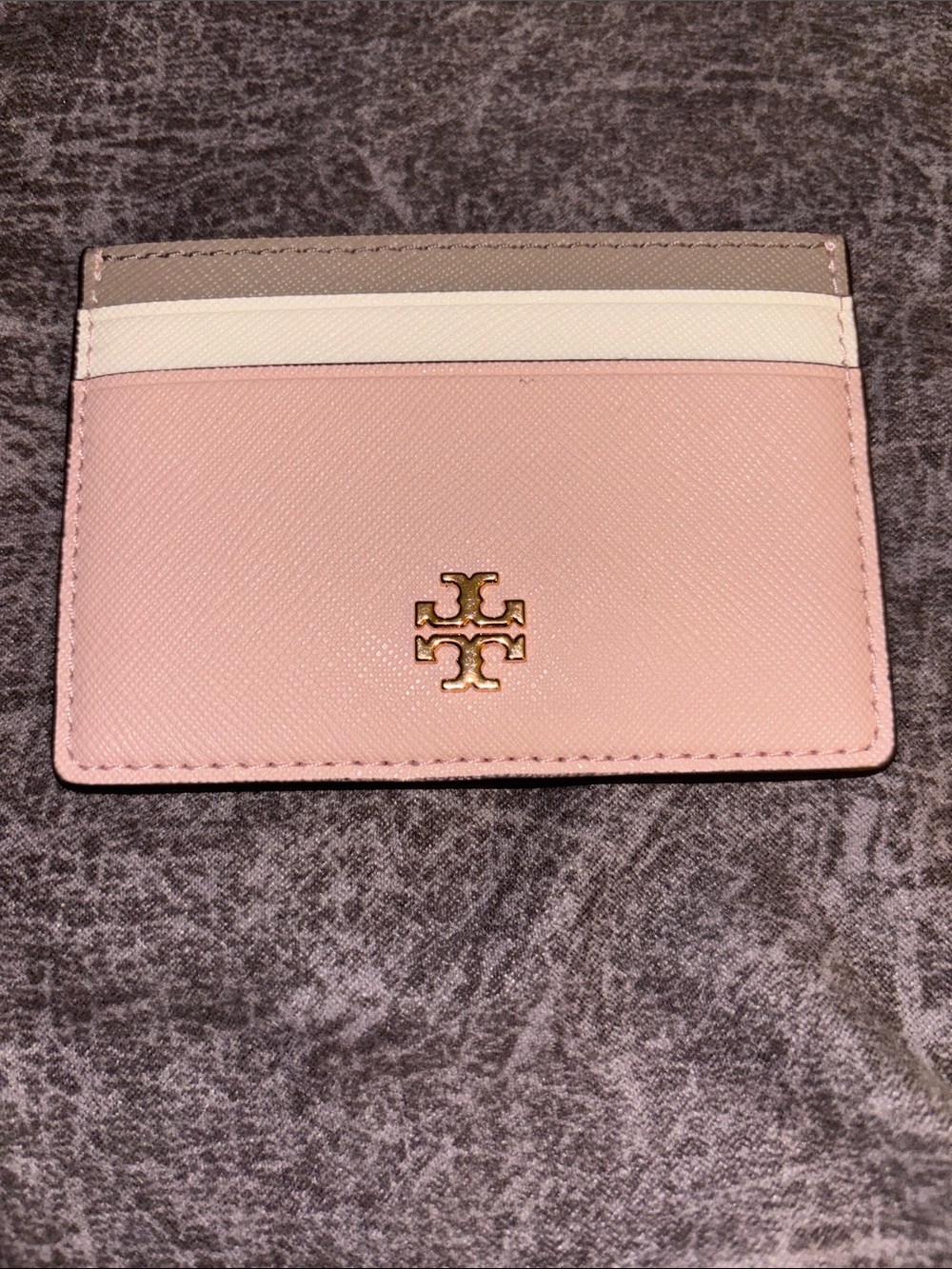 Tory Burch Pink Leather Card Holder with Neutral Trim & Gold Logo